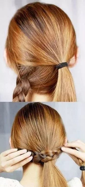 用编好的麻花辫环绕在马尾辫上,多绕几圈,然后用小碎花发夹固定.