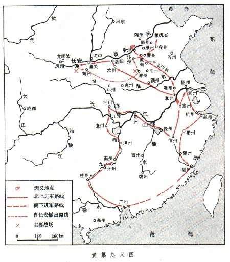 黄巢起义示意图在这场大浩劫中,遇难者人数难以计算