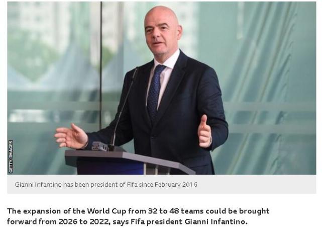 FIFA确认考虑2022世界杯扩军到48队 亚洲8.5