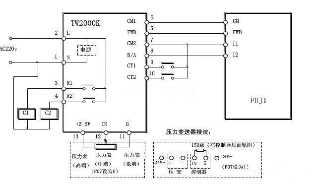 恆壓供水控制器和變頻器組合來進行恆壓供水電路圖和接線圖