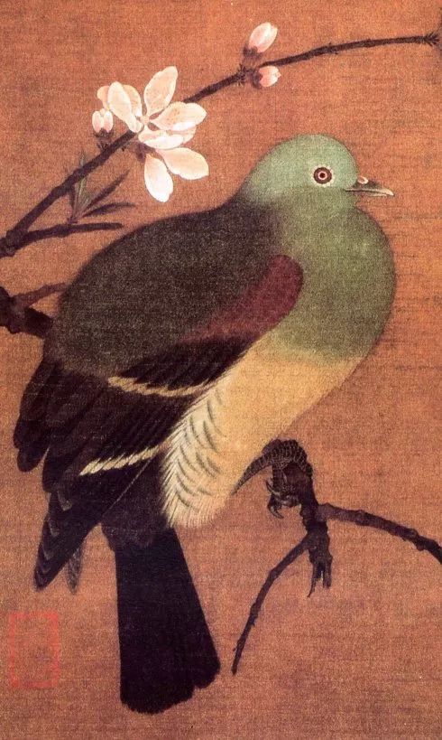 石青 ▲宋 赵佶《桃鸠图》局部 (鸟的头及胸部均为石绿罩染.