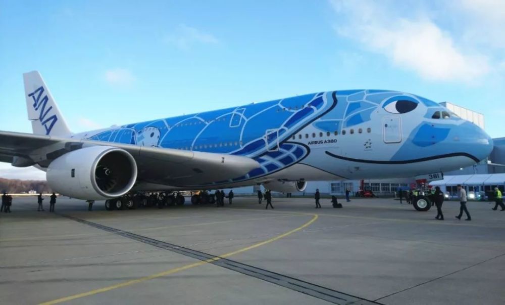 全日空(ana)一架飞往那霸的空客a380飞机,该飞机的涂装正是是海龟图案
