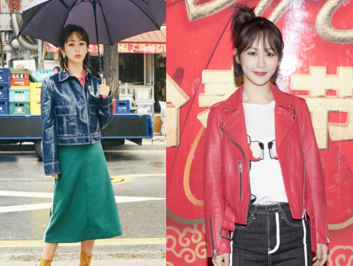 郁可唯真会穿,橙色皮衣搭配牛仔裤帅气又明媚