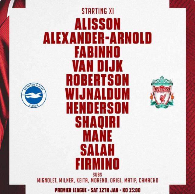 布莱顿VS利物浦首发:最强三叉戟出击 亨少坐镇