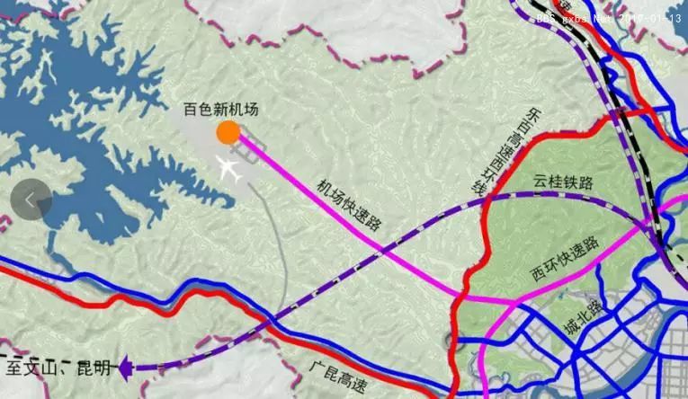 百色新机场基本选址在东笋水利枢纽一带,并建设机场高速