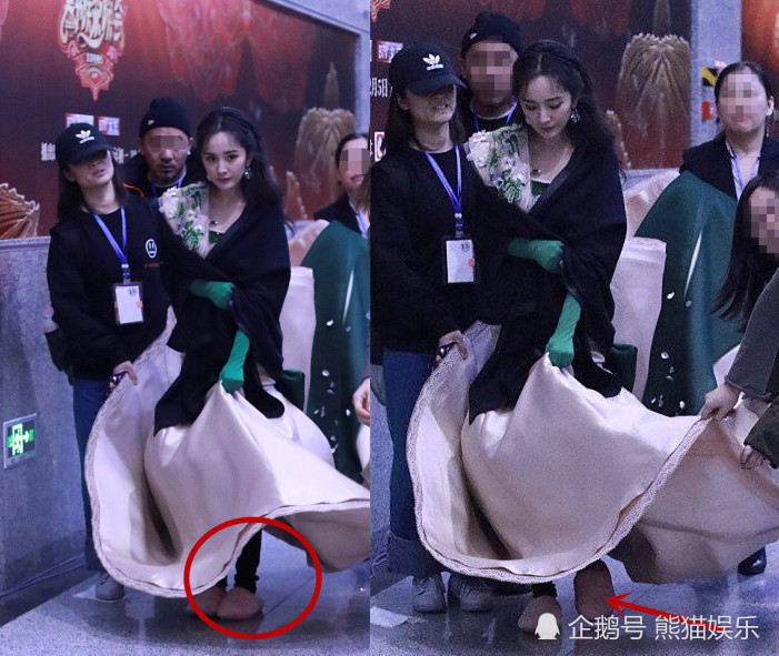 杨幂零下9℃穿抹胸裙彩排,5位助理帮提裙,脚踩