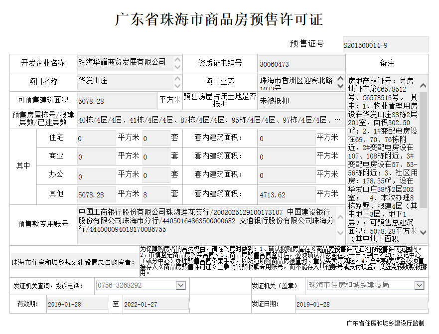 2019年1月28日,珠海市商品房預(銷)售專網發佈華髮山莊獲得商品房預售