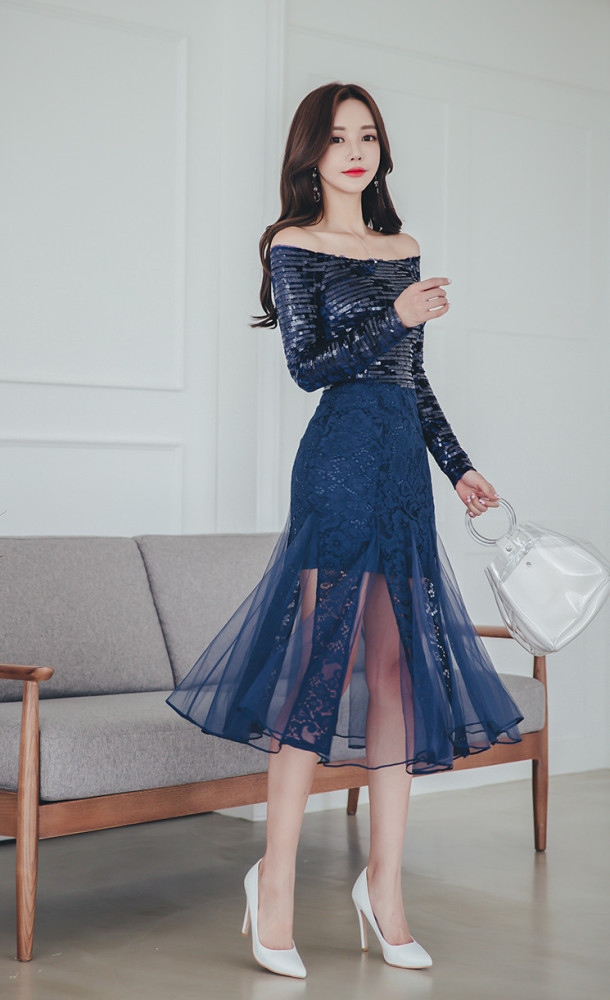 女神珠珠:深蓝古巴怀旧亮片丝纺抹肩裙