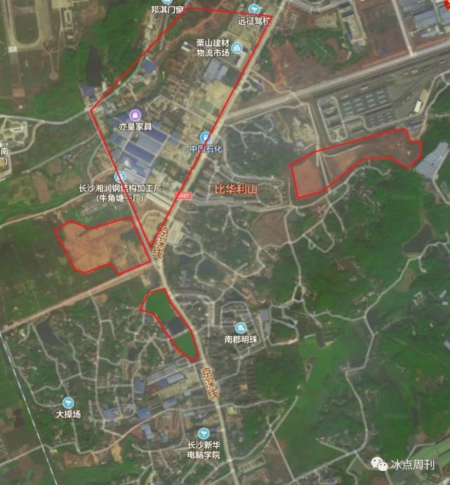 牛角塘村卫星图(红线内为部分土方填埋区域)