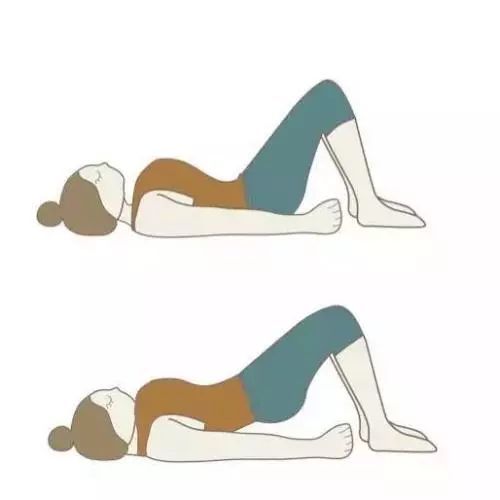 臀桥:仰卧位,背部顶在一个瑜伽球上,屈髋屈膝,双脚适当分开并外旋