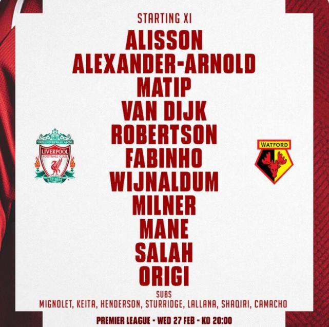 利物浦VS沃特福德首发:萨拉赫领衔 奥里吉出战