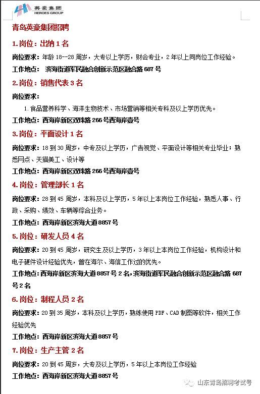 【周日职场】青岛市黄岛区/开发区2019年3月3日最新招聘岗位信息