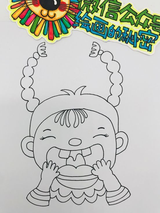 将画好的小女孩用水彩笔涂色第四步:用马克笔画一个厨房的简单背景,蘸