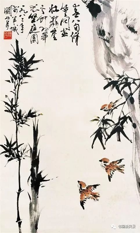 墨竹麻雀梅竹麻雀飞雀图题识:不关饮啄春江暖,自在飞鸣夏日迟.
