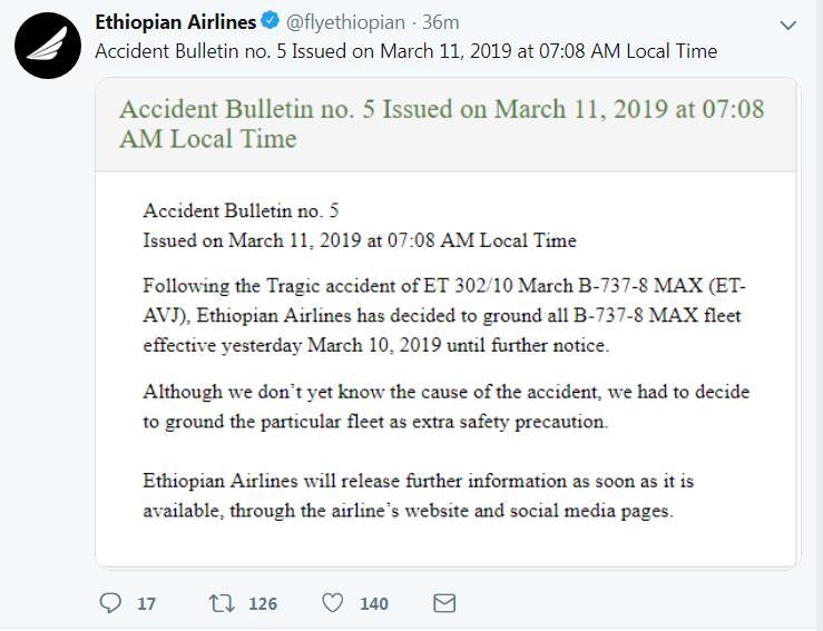 埃塞俄比亚航空公司宣布暂停运营波音737 MA