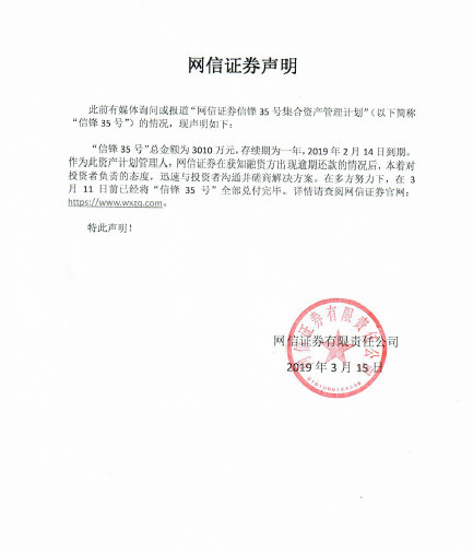 网信证券：信锋35号集合资产管理计划已全部兑付完毕