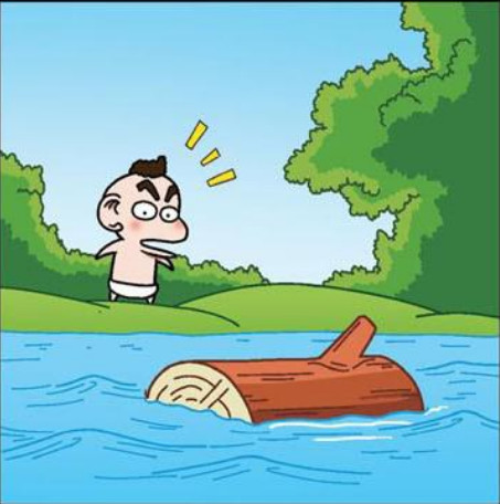 小朋友在河面上趴着木头玩耍,鲸鱼就趴在潜艇上玩耍