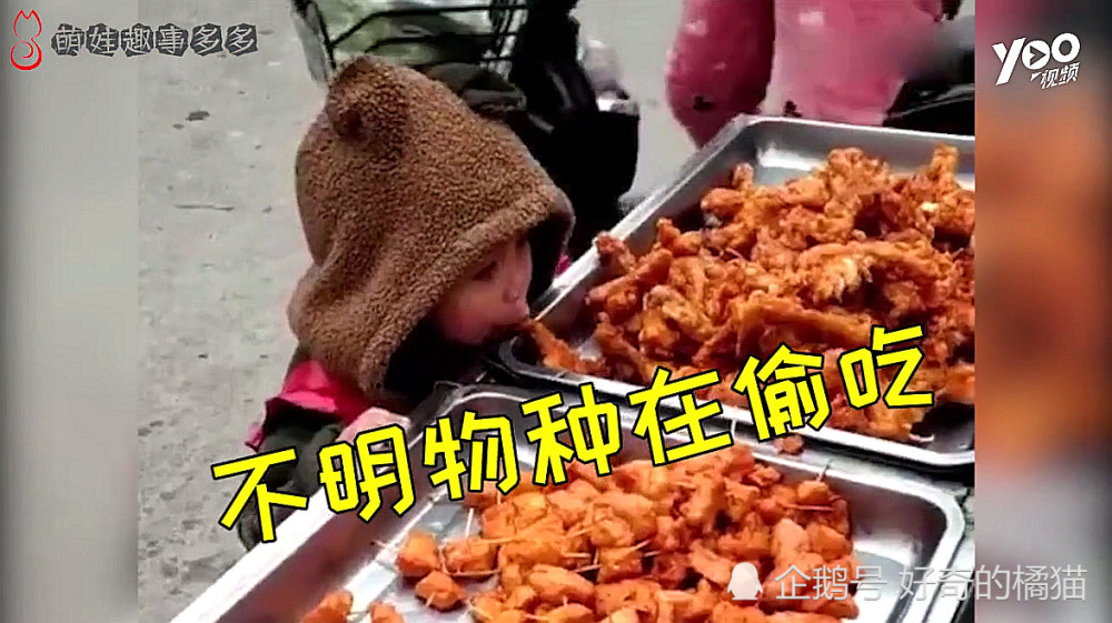 老板摆摊做生意,摊前来了一个小可爱偷吃,这么可爱都不忍心阻止