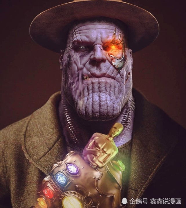 这张海报就比较有意思了,就灭霸一个人物,并且还身穿着西装,头顶礼帽