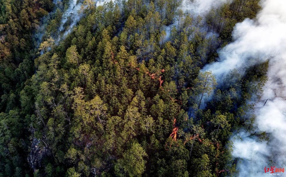 航拍冕宁森林火灾现场:火线清晰可见,直升机吊桶灭火