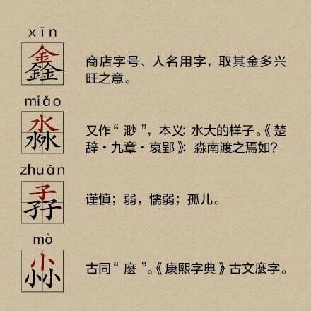 認 漢字 知含義-三個金,三個水,三個田,三個心