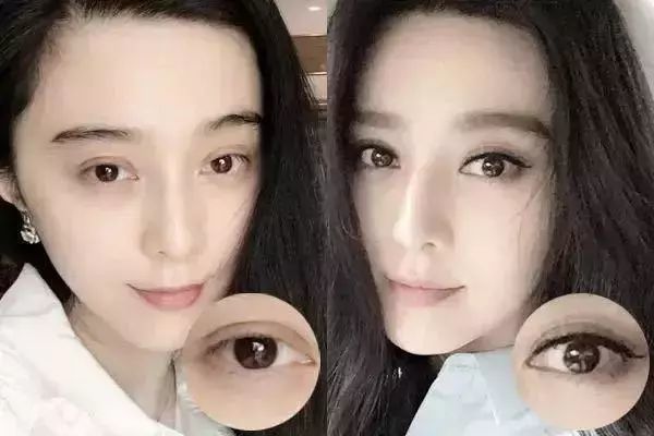 先来看几组对比图: 范冰冰的双眼皮间距太宽,如果不画眼线很容易显得