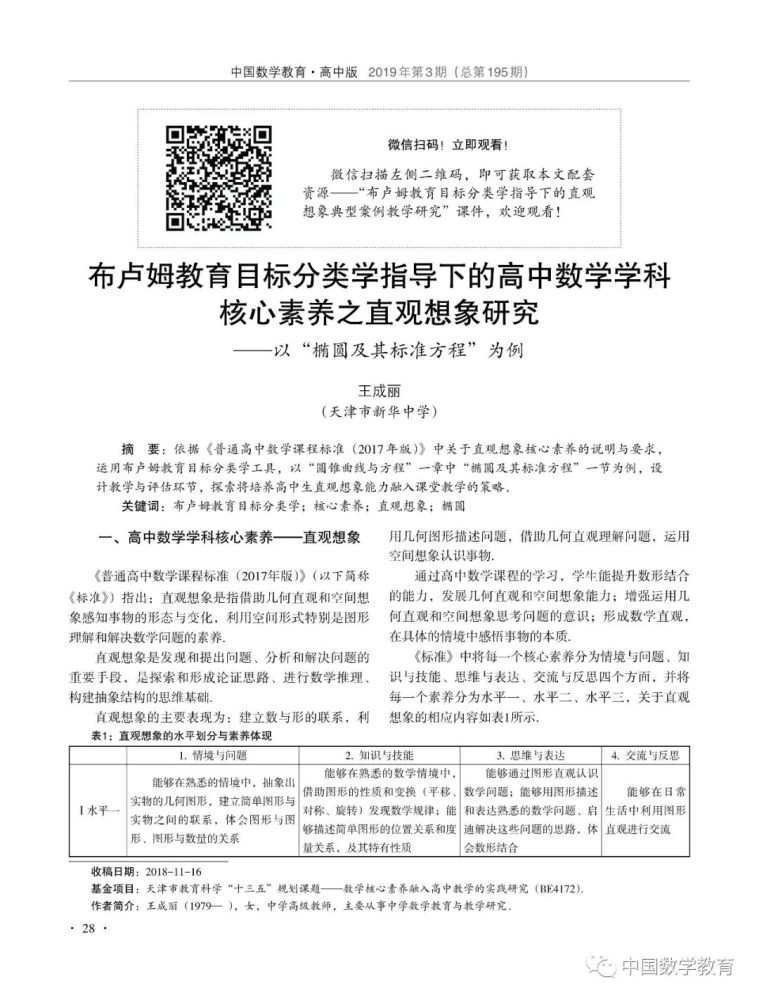 布盧姆教育目標分類學指導下的高中數學學科核心素養之直觀想象研究