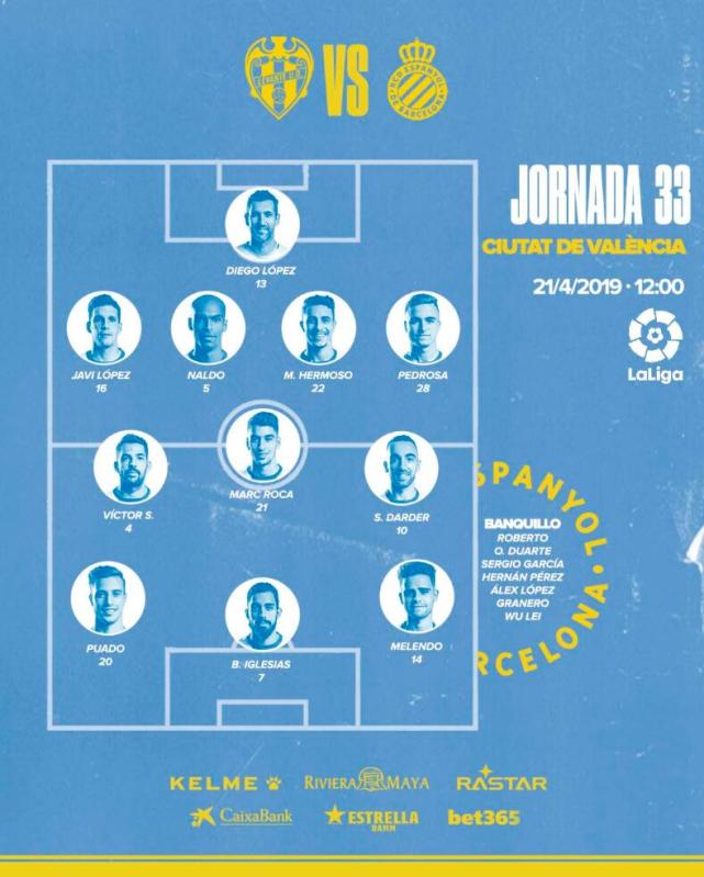 西班牙人vs莱万特首发:武磊替补待命 20岁小将