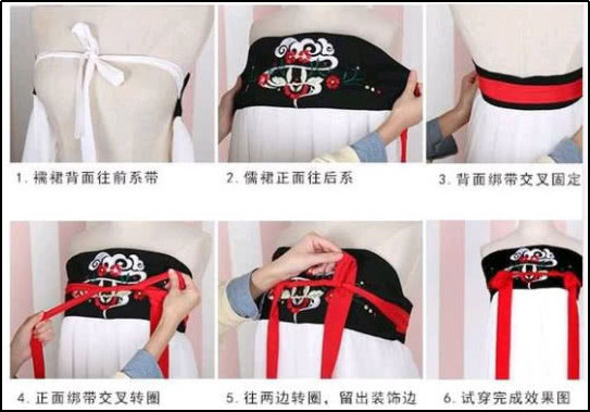 齐腰汉服的正确穿法祝好是襦裙绑带的系法,我们只需要按照上图的步骤