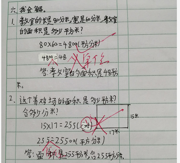 三年级数学面积计算又有错题了 小学生都喊难