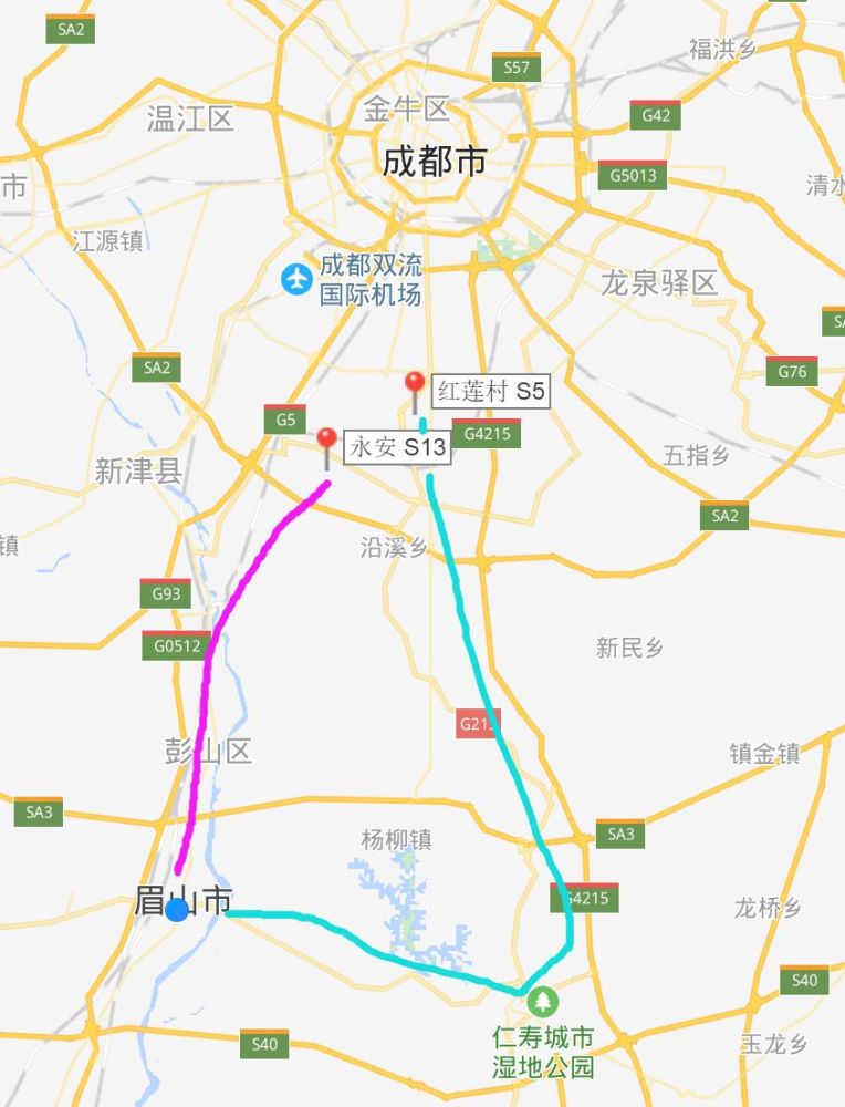 其中有两条线, 一条经过彭山到眉山城区,一条经过仁寿