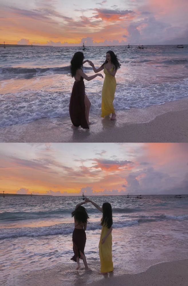 我和我妈妈海边旅行,背影看起来是不是看起来更像是姐妹呢?