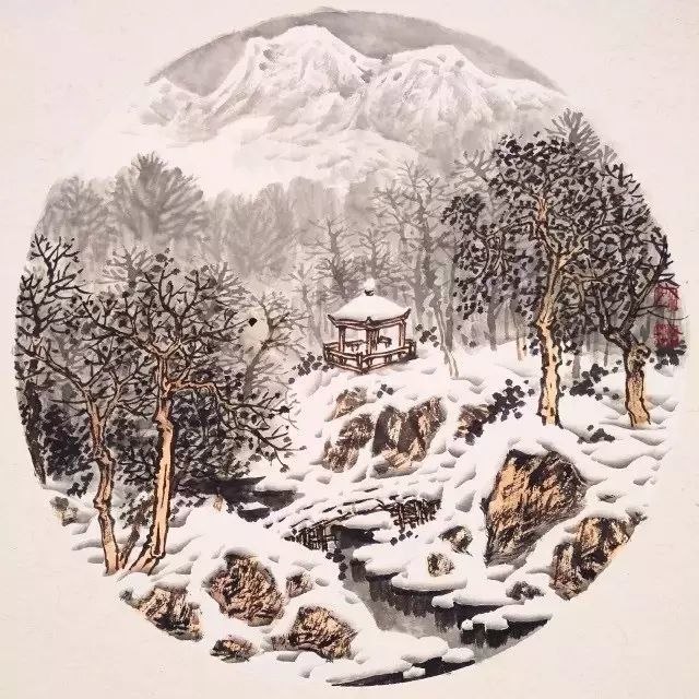 圆形雪景山水画小品图片