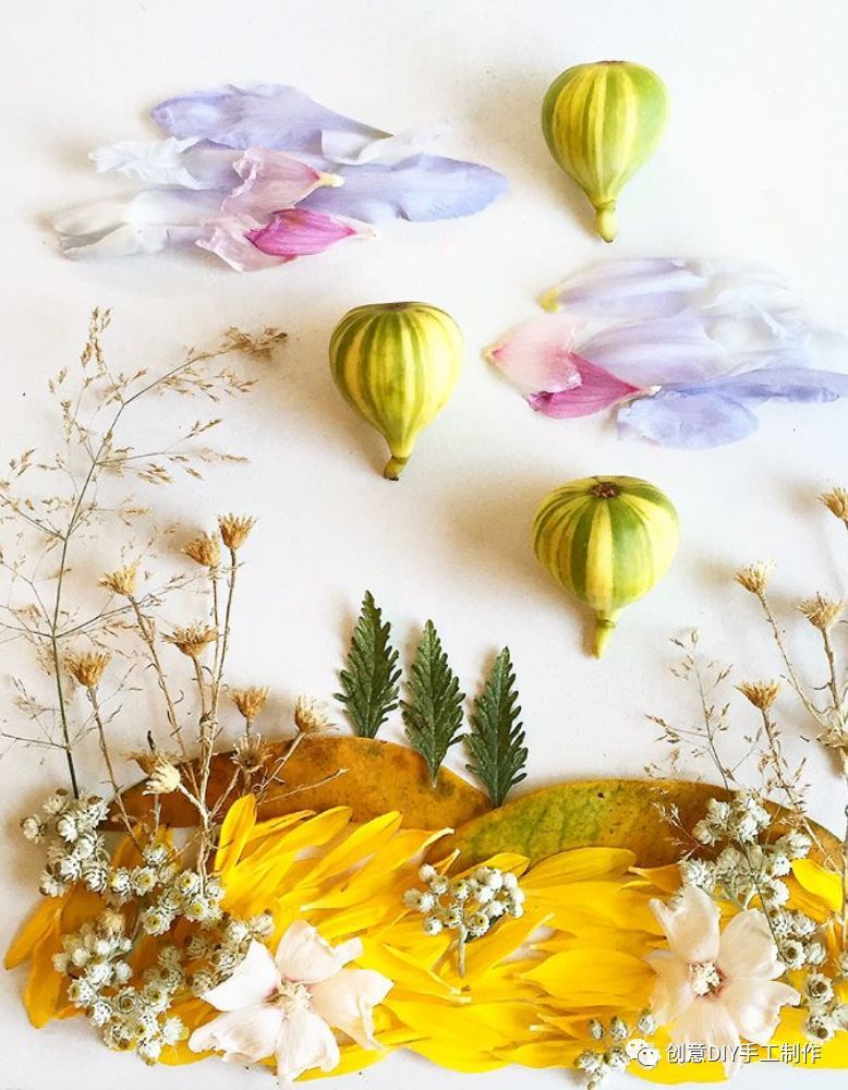 捡来叶子和花瓣作画,创意源于生活