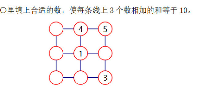 第2个需要在圆圈里面填上合适的数式的,每条线上三个数相加都要等于10