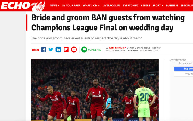结婚与欧冠决赛撞车 新人谢绝宾客婚礼现场观看比赛直播 直播 欧冠决赛 利物浦