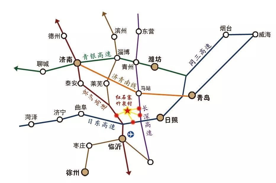 日蘭高速高裡出口下一路向北到達景區;京滬高速沂南青駝出口下