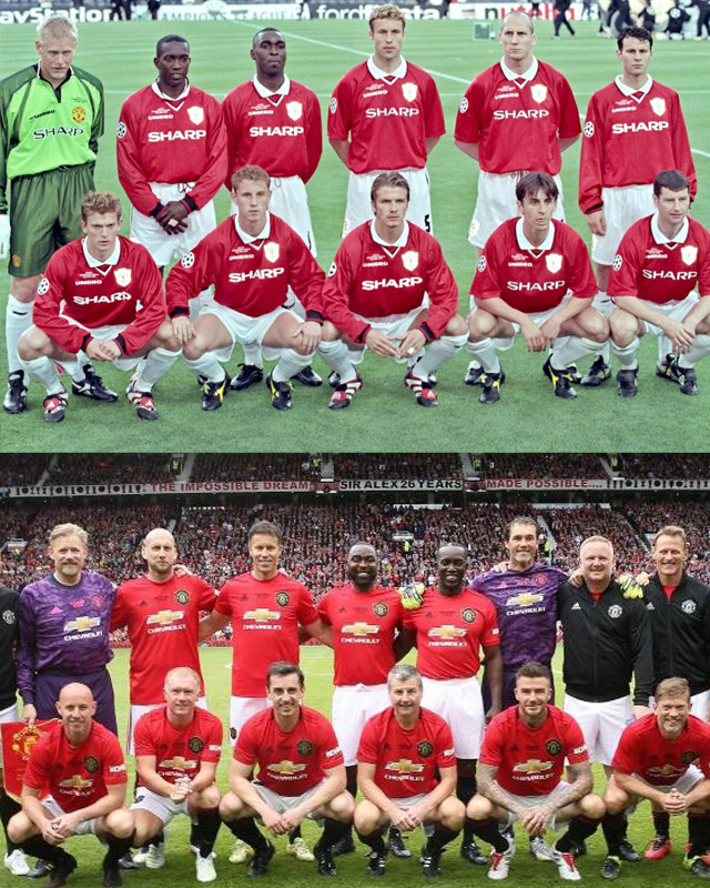 相比99年的欧冠决赛,曼联首发阵容只有2处变化,当年停赛的斯科尔斯