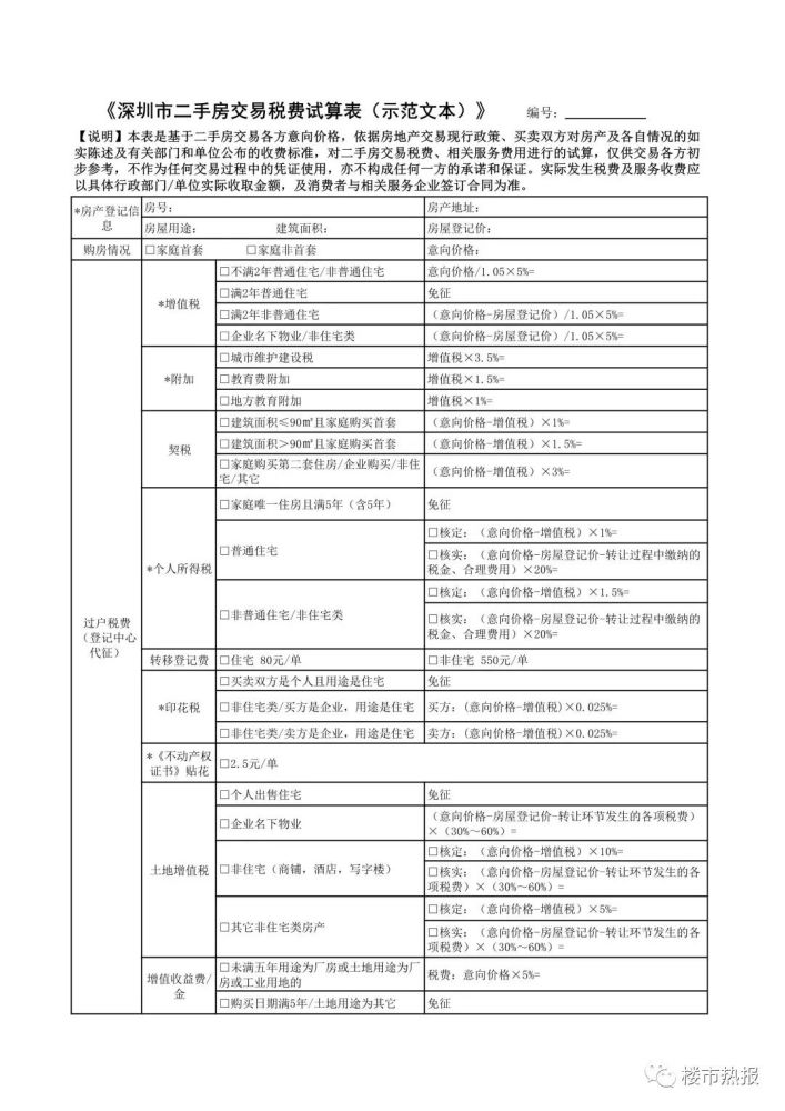 《深圳市二手房交易税费试算表(示范文本》2019年新版