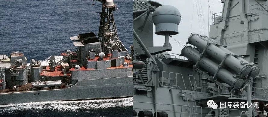 32聯裝的3s90e1防空導彈垂直髮射系統;艦橋兩側2座6聯裝的