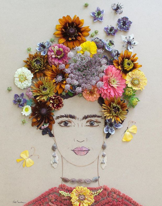 鲜花和树叶拼出人物肖像栩栩如生