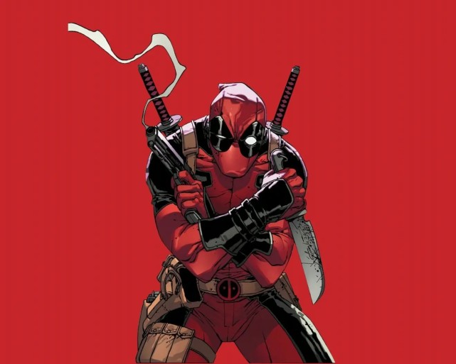 漫威无水印壁纸 图五死侍一手拿枪一手拿刀 一副小心翼翼的样子