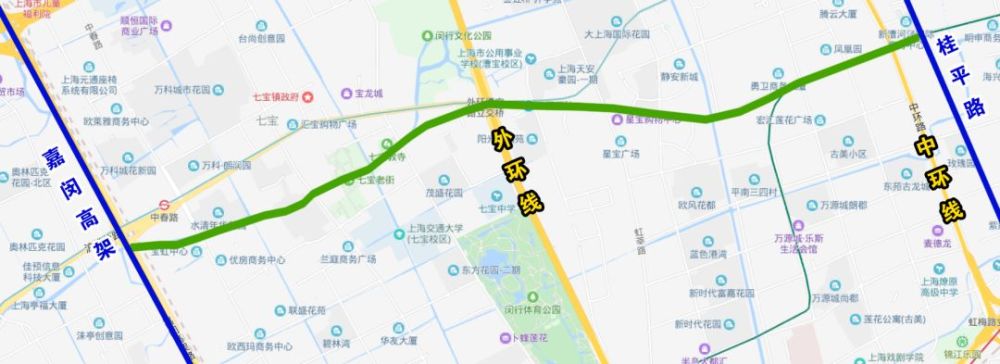 龙漕路路口,西至七宝镇接沪松公路,跨徐汇,闵行两区,联系着内环,中环