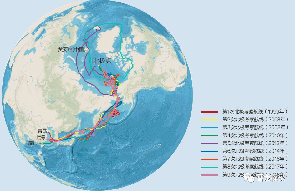 中国历次北极考察航线示意图截至 2019 年 4 月"雪龙"号共承担了 22