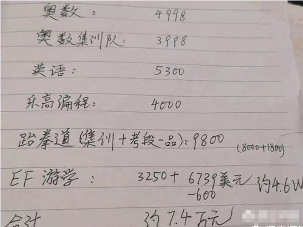家长晒出7万多的 暑期账单 让人脑洞大开 贫穷限制了我的想象