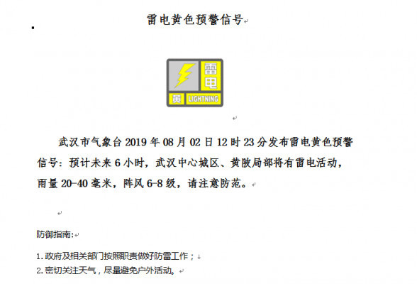 武汉市气象台发布雷电黄色预警信号