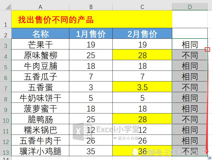 找出excel表格中2列数据不同单元格的2种方法