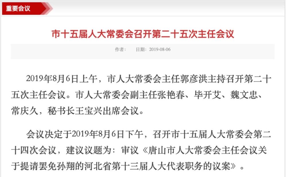 主任会议关于提请罢免孙翔的河北省第十三届人大代表职务的议案》