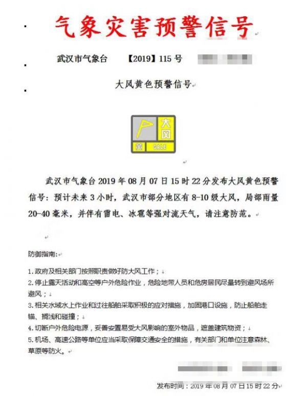 注意!武汉市气象台发布大风黄色预警
