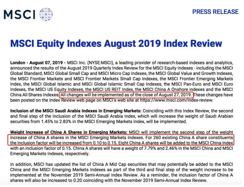 MSCI扩大A股权重至15％，8只新增个股开启"入富"之旅
